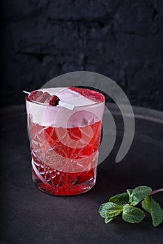 Promotional shot of a red alcoholic cocktail for parties. With a green sprig of mint and decorative raspberries. On a dark