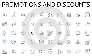 Promotions and discounts line icons collection. Journalism, Broadcasting, Publishing, Editing, Photography, Publicity