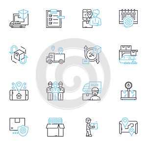 Prompt delivery linear icons set. Swiftness, Efficiency, Rapidity, Punctuality, Expediency, Alacrity, Timeliness line photo