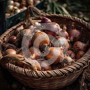 The prompt describes a close-up shot of a basket filled with fresh onions