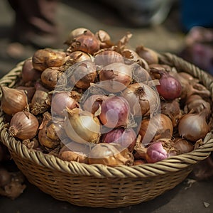 The prompt describes a close-up shot of a basket filled with fresh onions