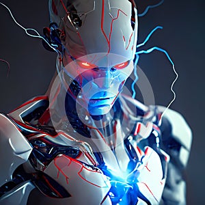 prompt futuristic humanoid robot covered in white porcelan skin red blue eyes volumetric lightning