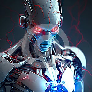 prompt futuristic humanoid robot covered in white porcelan skin red blue eyes volumetric lightning