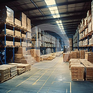 Prompt warehouse with lots of pallets, boxes, racking and forklift.