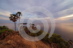 Promthep Cape viewpoint at sunset with Andaman sea in Phuket Island, tourist attraction in Thailand in travel trip and holidays