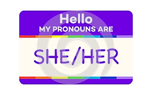 Pronouns badge she her with rainbow cartoon style