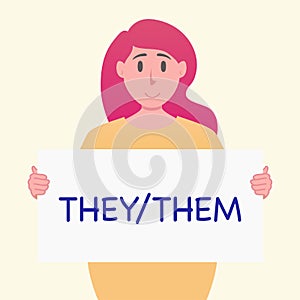 Pronouns human hand hold banner with sign they them