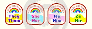 Pronouns sticker set with rainbow cartoon style