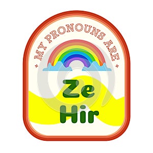 Pronouns sticker ze hir with rainbow cartoon style