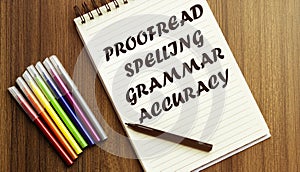 Proofread Spelling Grammar Accuracy. your future target searching, a marker, pen, three colored pencils and a notebook for writing