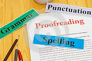 Proofreading paper on table photo