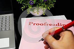 Proofreading sheet on table