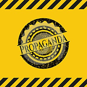 Propaganda black grunge emblem, yellow warning sign. Vector Illustration. Detailed
