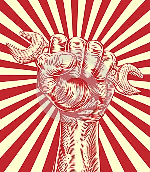 Propaganda Spanner Woodcut Fist Hand