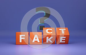 Propaganda truth and myths in media. Dice with words fact and fake and a question mark. 3D render idea background photo