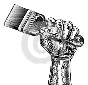 Propaganda Woodcut Fist Hand Holding Paintbrush