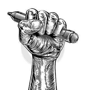 Propaganda Woodcut Fist Hand Holding Pencil