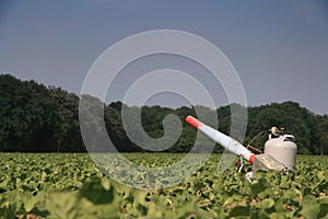 Propane cannon in a field with young crops
