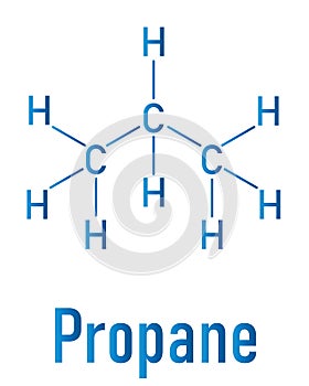 Propane hydrocarbon molecule. Alkane used as fuel in portable stoves, gas blowtorches, cars, etc. Skeletal formula.