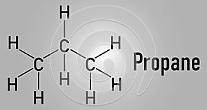 Propane hydrocarbon molecule. Alkane used as fuel in portable stoves, gas blowtorches, cars, etc. Skeletal formula. photo