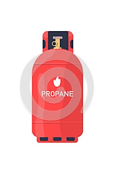 Propane red tank flat vector illustration. Industrial lng cylinder. Compressed, liquefied gas storage, metal balloon