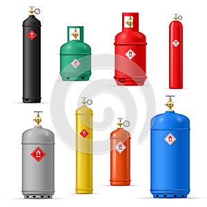 Propane tanks compressed oxygen dangerous gas cylinder set realistic vector illustration