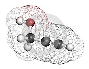 Propargyl alcohol molecule. 3D rendering. Atoms are represented as spheres with conventional color coding: hydrogen (white),