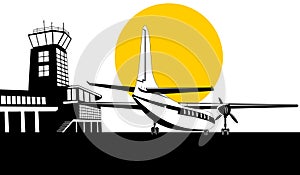 Propeller airplane with tower