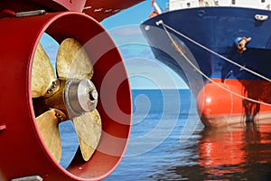 Propeller of cargo ship repair already in shipyard after maintenance