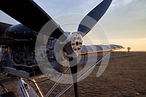 Propeller and internal combustion engine of an ultralight aircraft, close-up