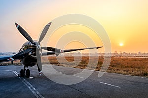 Propeller plane at sunset at Tribhuvan Airport
