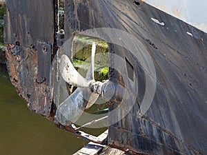 propeller and rudder on old steel hulled steamer