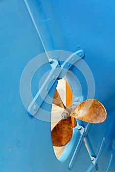 Propeller and rudder ship in dry dock.