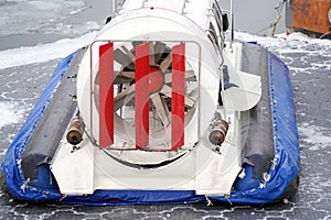 Propeller and rudders of the hovercraft rear view