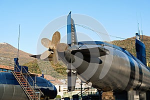 The propeller of the submarine. An old military submarine mounted on land in a museum in Tivat, Montenegro, in the