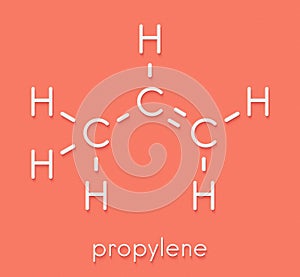 Propene propylene molecule. Polypropylene PP, polyprene building block material. Skeletal formula.