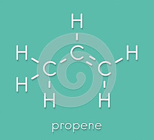 Propene propylene molecule. Polypropylene PP, polyprene building block material. Skeletal formula.