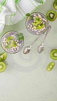 Proper healthy nutrition. Chia and yogurt mousse with fresh kiwi on a light green