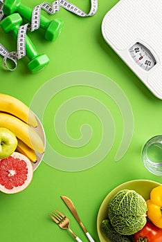 Proper nutrition concept. Top view vertical photo of pates with fruits and vegetables cutlery glass of water scales dumbbells and