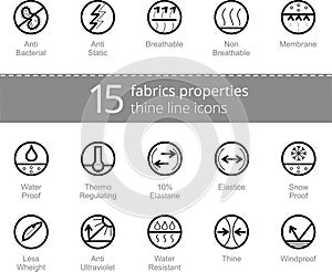 Properties of fabrics and garments simbols. Thine line vector icons