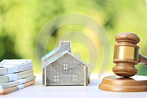 Property auction, Gavel wooden and model house on natural green background, lawyer of home real estate and ownership property