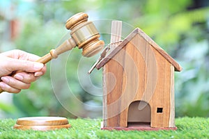 Property auction, Woman hand holding gavel wooden and model house on natural green background, lawyer of home real estate and