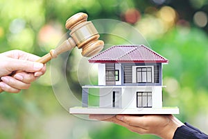 Property auction, Woman hand holding gavel wooden and model house on natural green background, lawyer of home real estate and