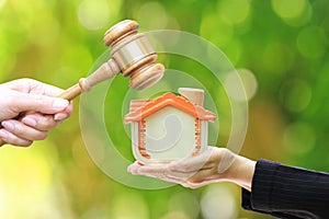 Property auction, Woman hand holding gavel wooden and model house on natural green background, lawyer of home real estate and