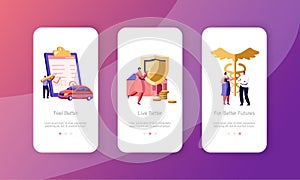 Property, Car and Health Medical Insurance Mobile App Page Onboard Screen Set. Insurance Policy Paper for Auto, Home, Life