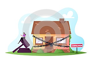 Property Confiscation, People Buying and Selling Confiscated Real Estate on Auction Concept. House Wrapped with Chain