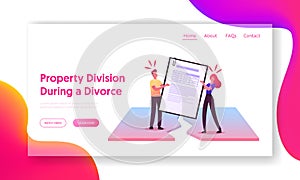 Property Division Process Landing Page Template. Divorced Husband and Wife Characters Pulling Huge Marriage Contract