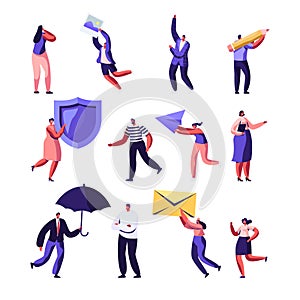 Property, Health Medical Insurance, Pr, Social Media Networking Service Set. Male and Female Characters Holding Shield, Umbrella