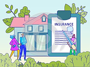 Property insurance concept, people buying new house and signing contract with agent, vector illustration