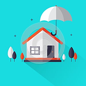 Property insurance - Home real estate protected under umbrella flat style concept create by .